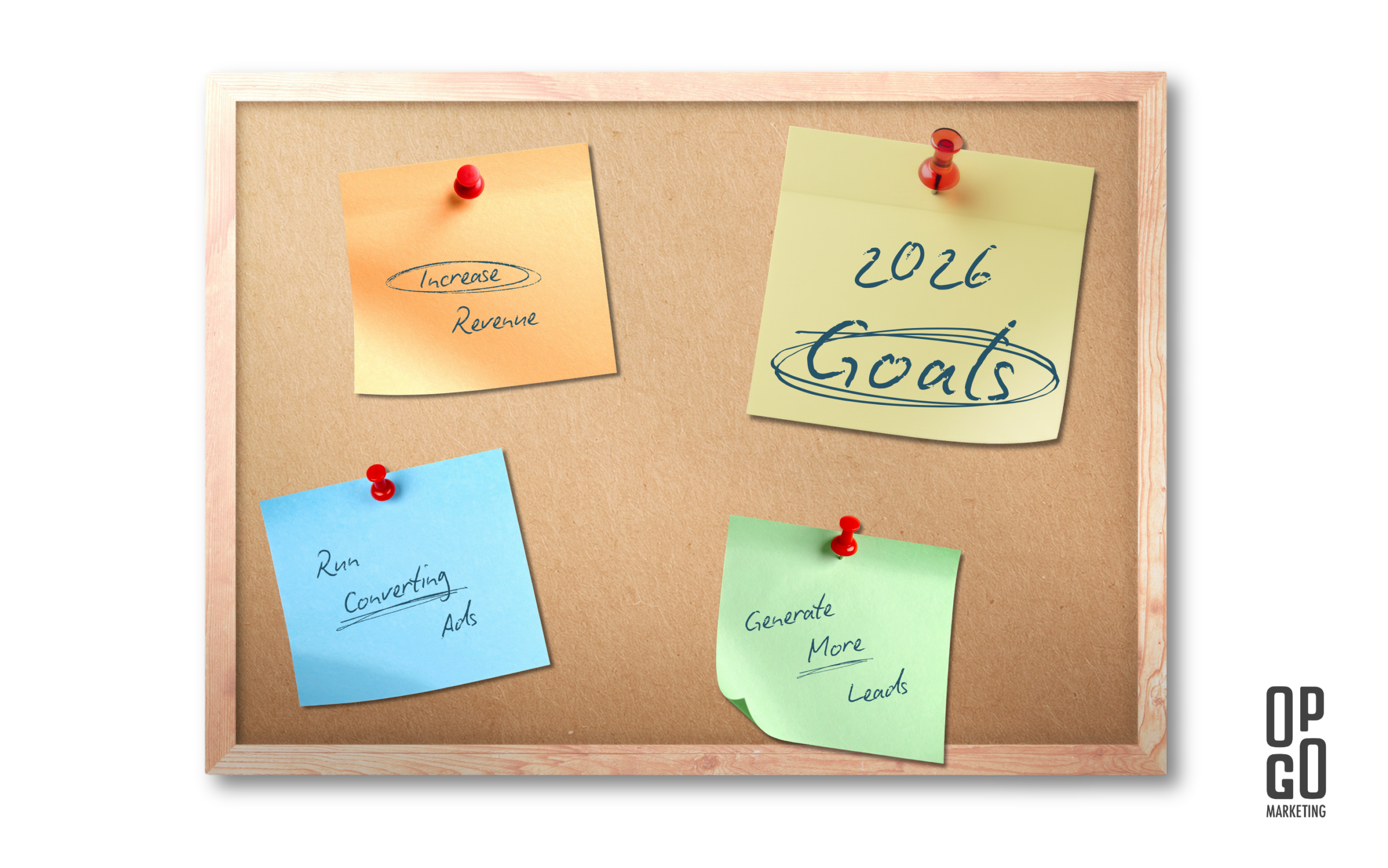 photo of cork board with sticky notes with marketing plan idea and goals